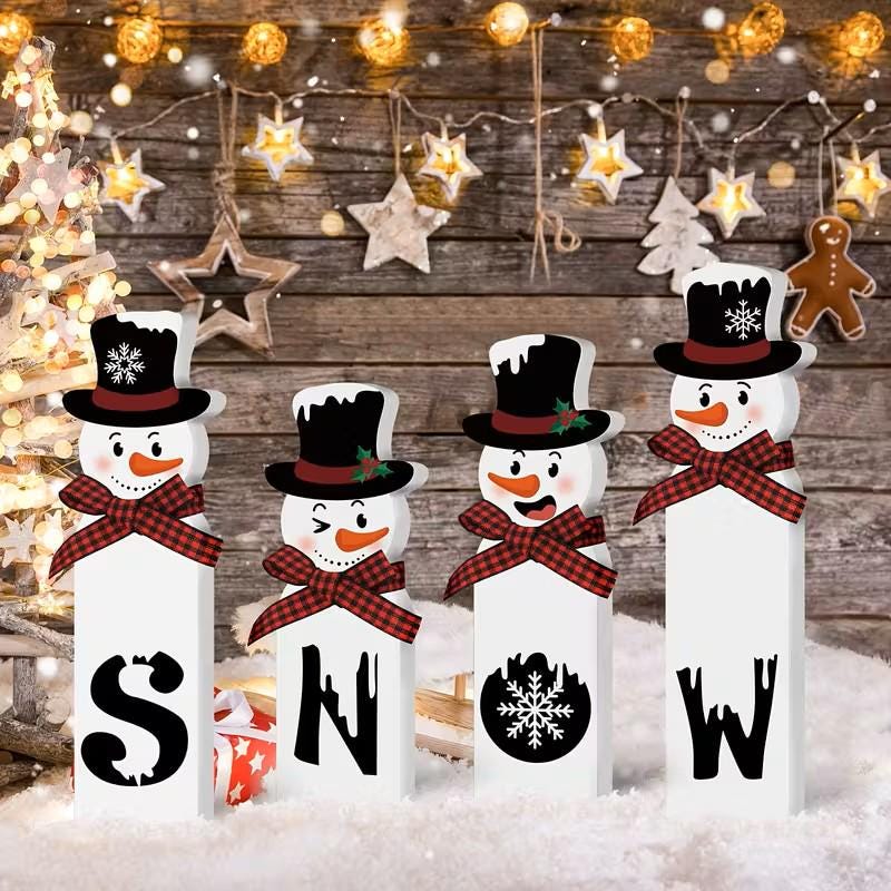 4 pc Set of Rustic Wooden Hat Wearing Snowman with Gingham Ribbon ~ Christmas Decor ~ New for 2026