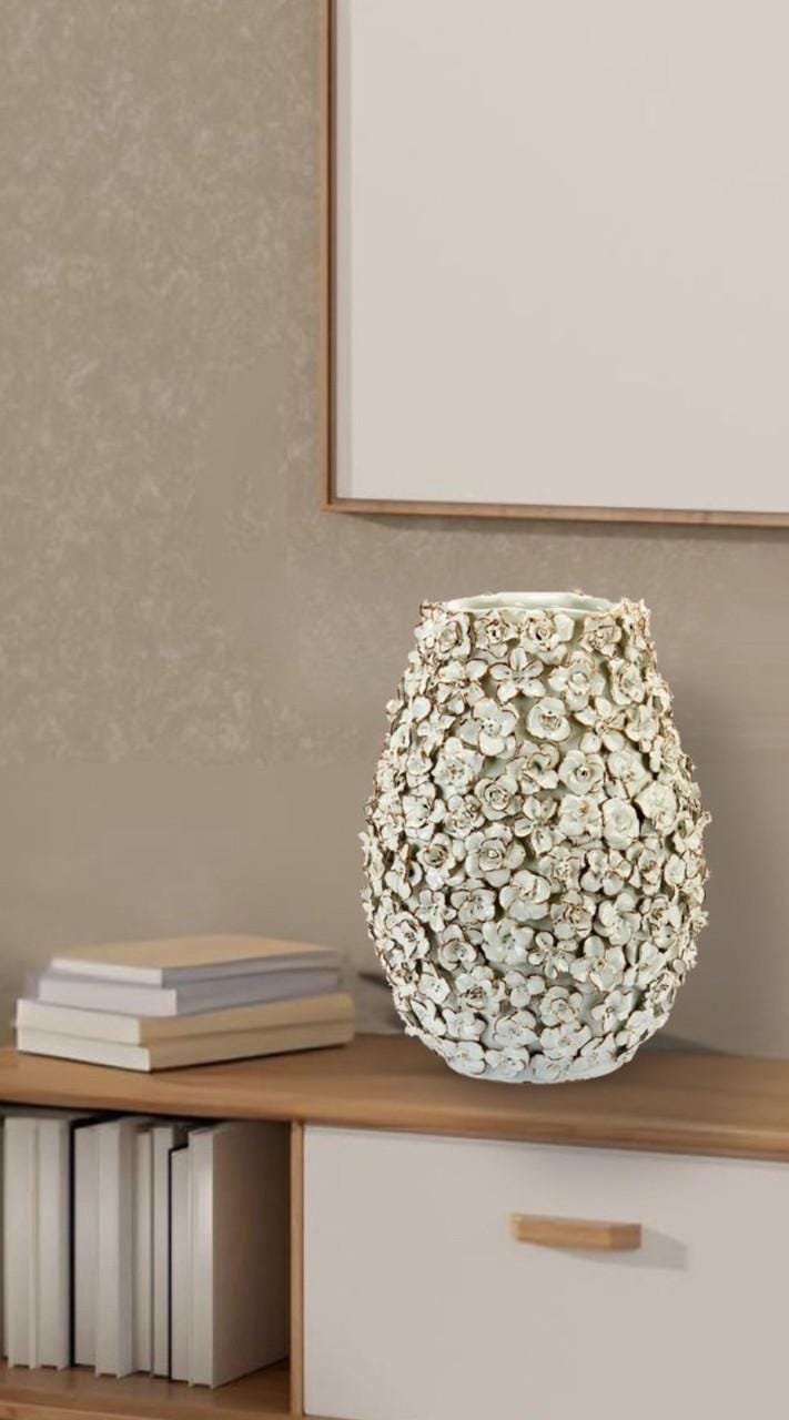 Handmade 3D Floral Ceramic Vase ~ Artisan Thai Pottery ~ 8.5 W x 10 H ~ Beautiful 3D Hand Sculpted Flowers ~ Home Decor ~ KV173S