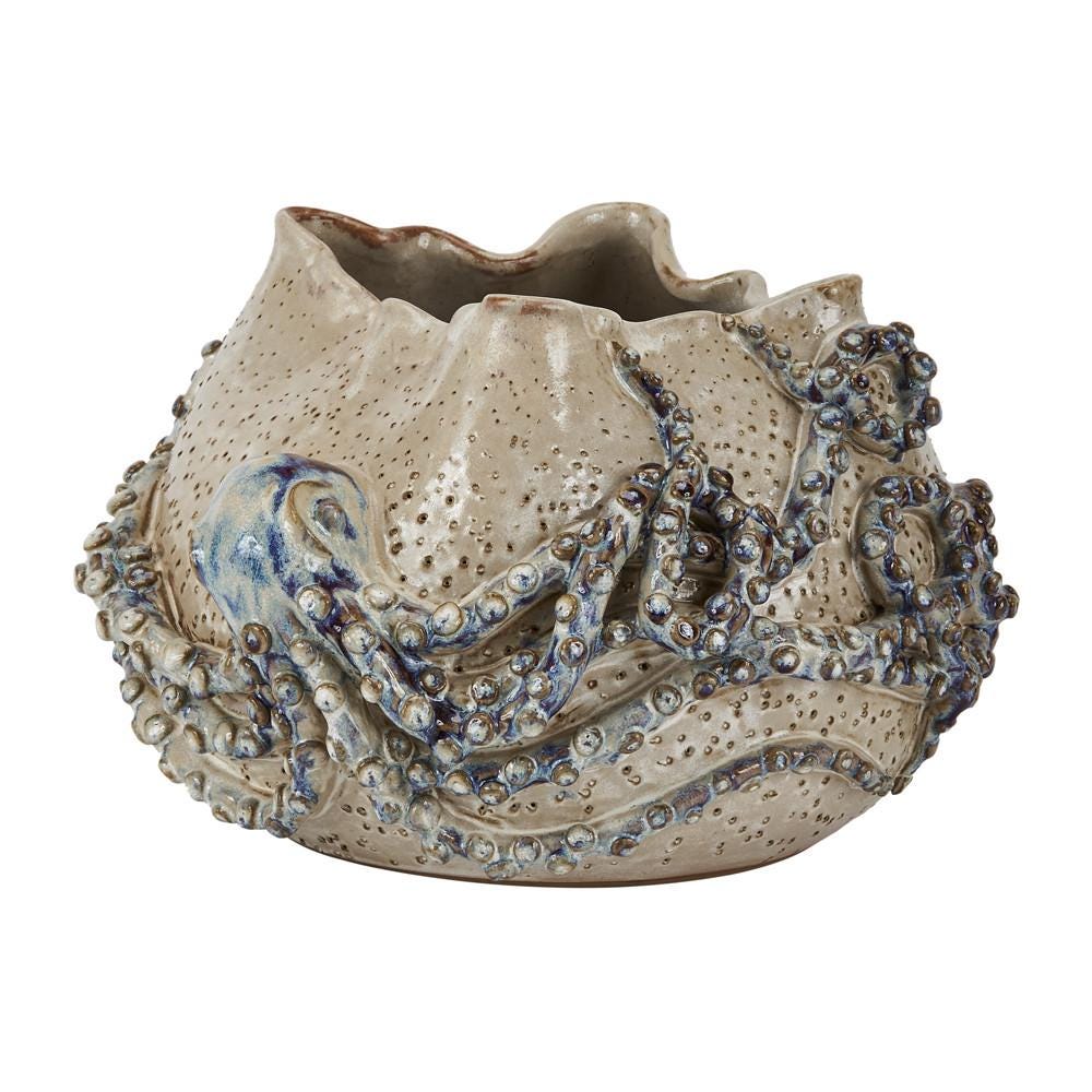 Handmade Cream & Indigo Blue Octopus Ceramic Vase ~ Artisan Thai Pottery ~ 12"W X 8.5"H ~ Beautiful Hand Sculpted ~ Home Decor ~ KV145C