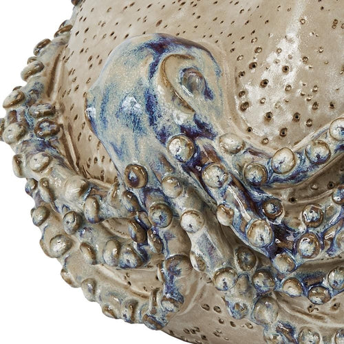 Handmade Cream & Indigo Blue Octopus Ceramic Vase ~ Artisan Thai Pottery ~ 12"W X 8.5"H ~ Beautiful Hand Sculpted ~ Home Decor ~ KV145C
