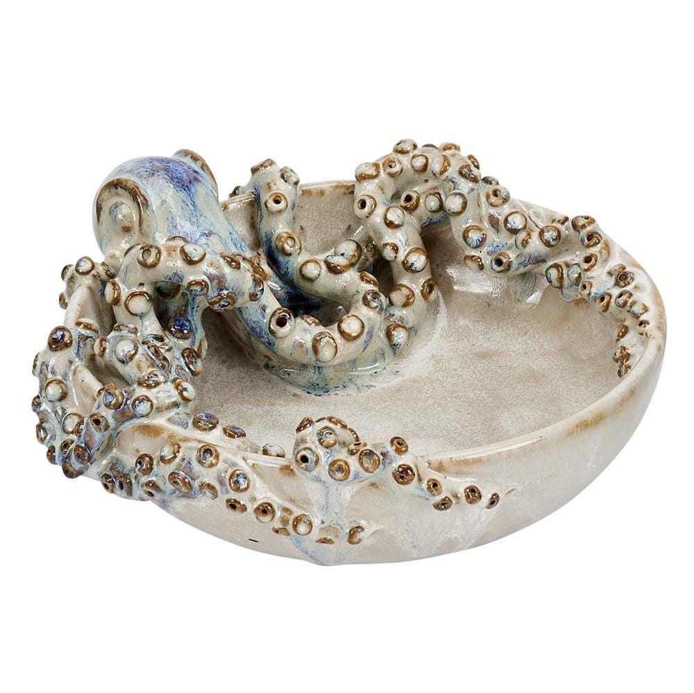 Hand-Made Cream Ceramic Octopus Bowl ~ Artisan Thai Pottery ~ 11" wide, 4" Deep ~ Beautiful Hand Sculpted ~ Home Decor ~ KV161C