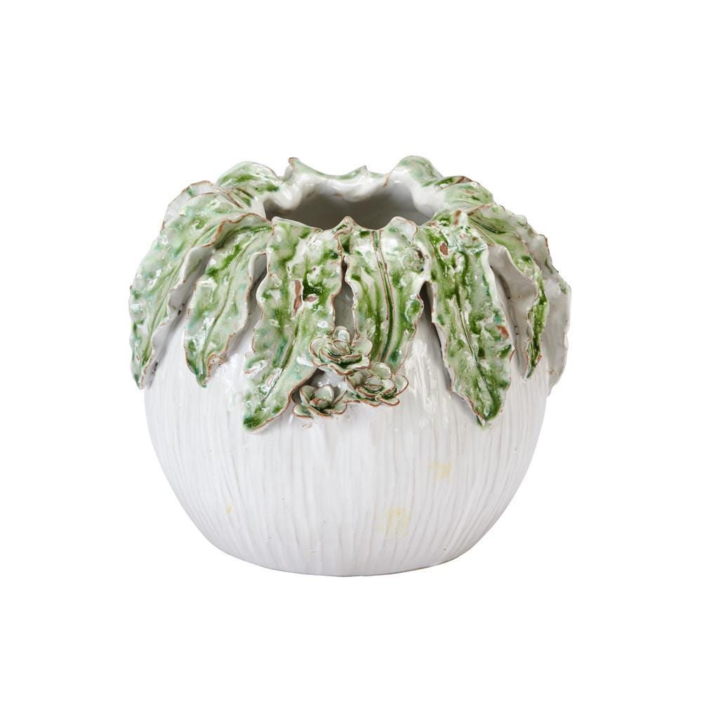 One-Of-A-Kind Green Leaf Design White Ceramic Vase ~ Artisan Thai Pottery ~ 6.5"H, 8"W, ~ Beautifully Hand Sculpted ~ Home Decor ~ KV245M
