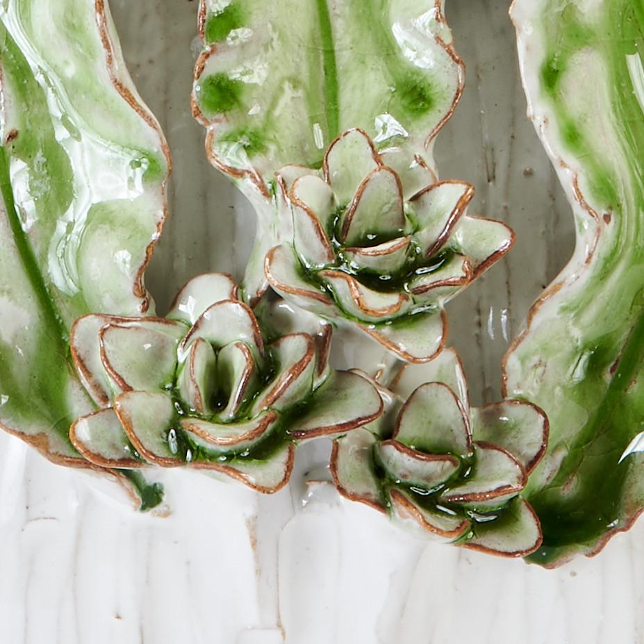 One-Of-A-Kind Green Leaf Design White Ceramic Vase ~ Artisan Thai Pottery ~ 6.5"H, 8"W, ~ Beautifully Hand Sculpted ~ Home Decor ~ KV245M