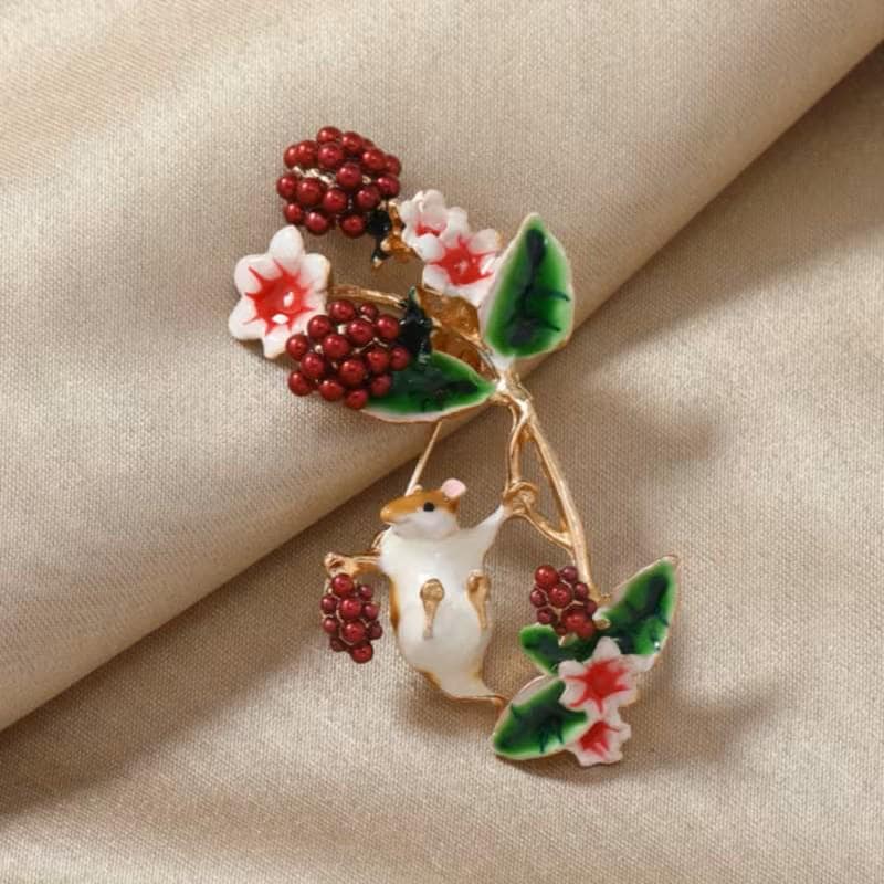 BROOCH ~ Chipmunk & Berries Brooch ~ Gold Tone and Enamel ~ Jewelry, Holidays, Great Gift Idea, Pin