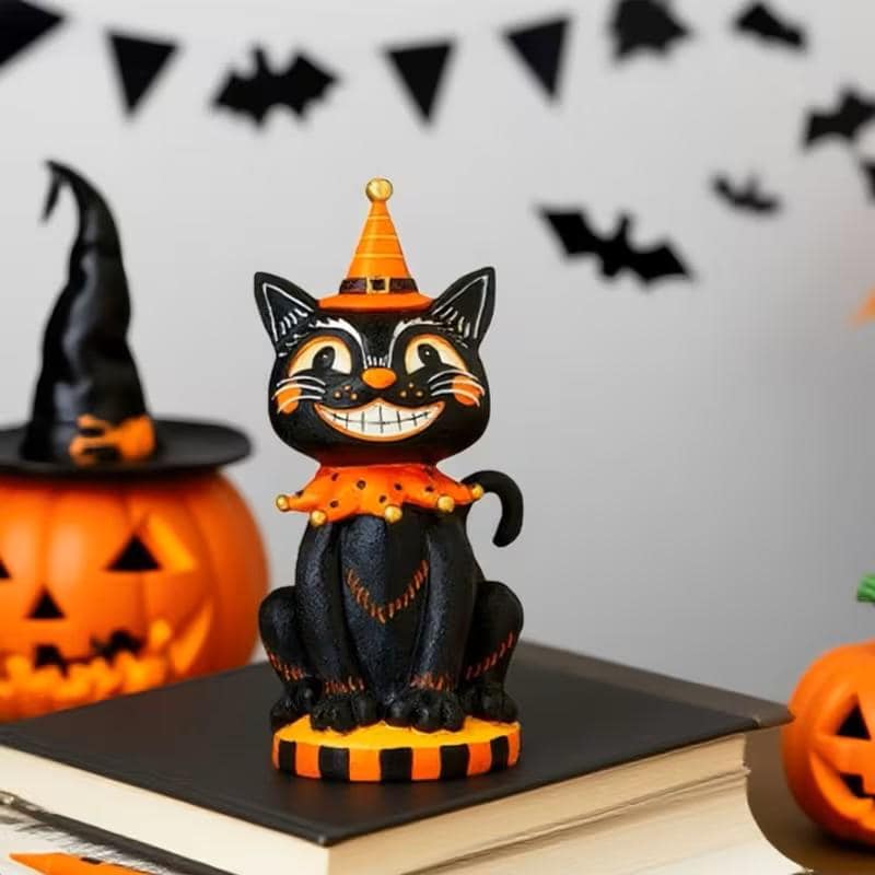 Halloween Decor - 10" Halloween Black Cat with Party Hat & Ruff ~ Made of Resin ~ Halloween Decorations