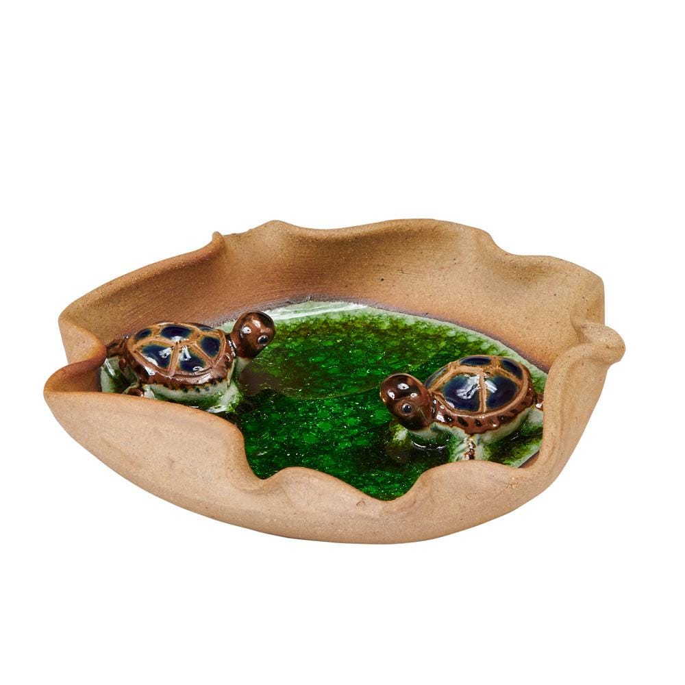 Hand-Made Ceramic Lotus Leaf Tray with Two Turtles ~ Artisan Thai Pottery ~ 6" wide, 2" Deep ~ Beautiful Hand Sculpted ~ Home Decor ~ KT108M