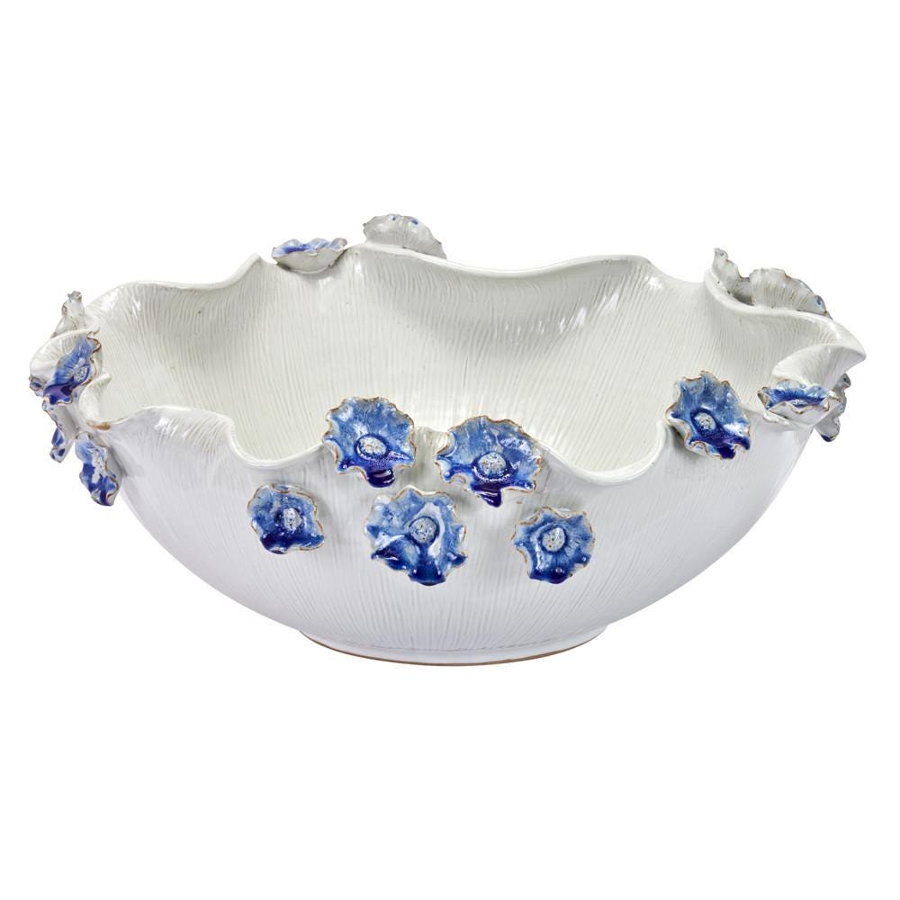 Hand-Made Large Ceramic Bowl with Sapphire Flowers ~ Artisan Thai Pottery ~ 19" wide, 6" deep ~ Beautiful Hand Sculpted ~ Home Decor ~ KV214