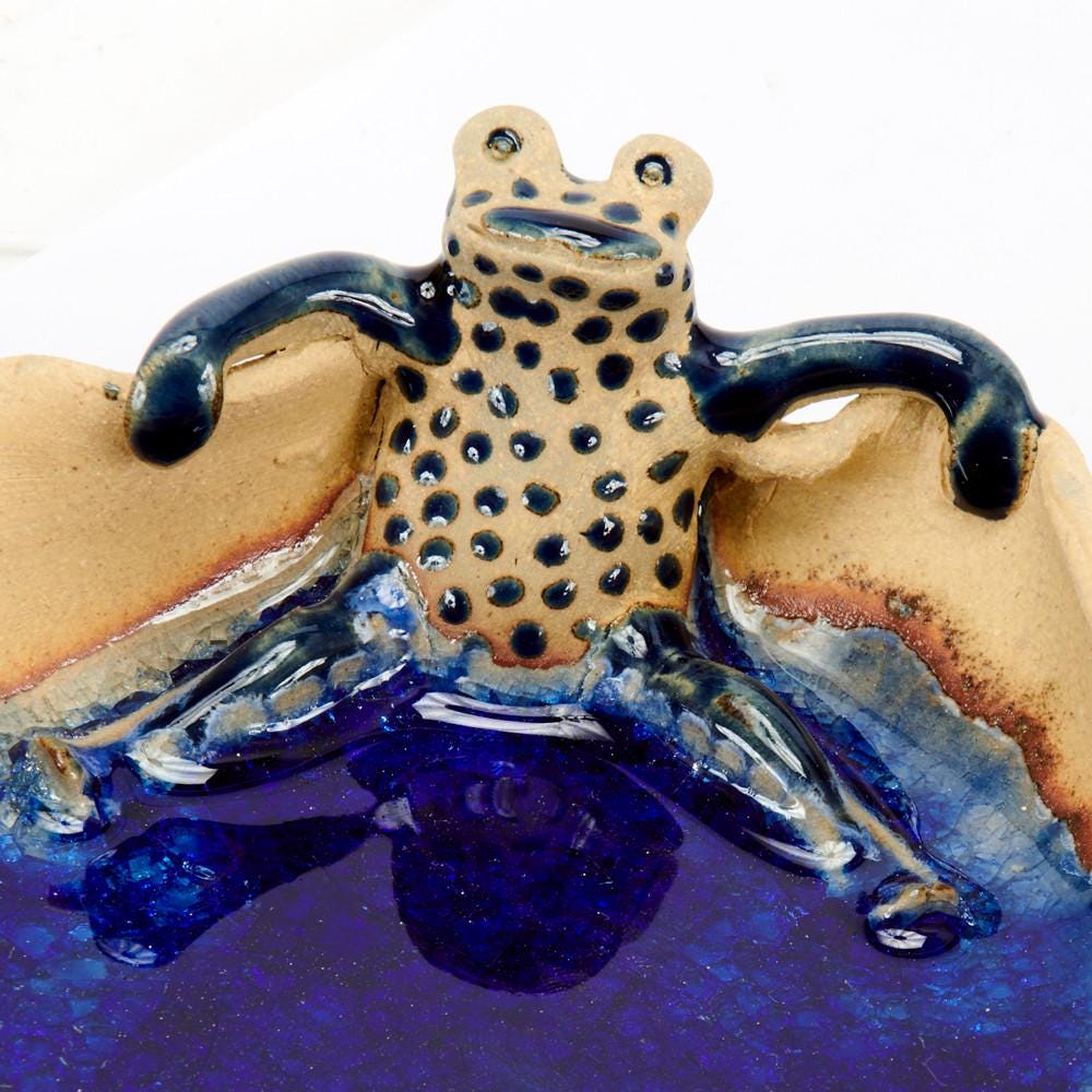 Hand-Made Ceramic Lotus Leaf Tray with Two Frogs ~ Artisan Thai Pottery ~ 4" wide, 1.5" Deep ~ Beautiful Hand Sculpted ~ Home Decor ~ KT110S
