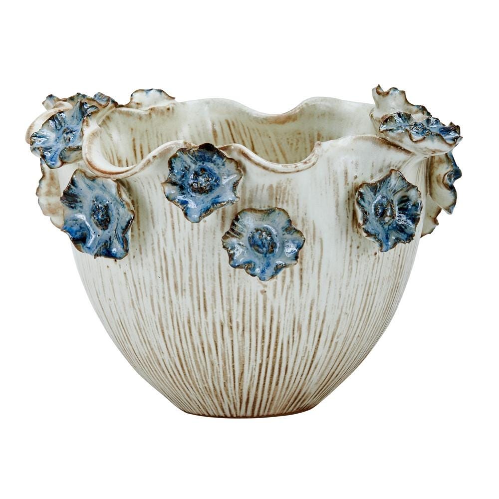 One-Of-A-Kind Blue Lily Flowers Design Ceramic Vase ~ Artisan Thai Pottery ~ 8"Widex10"Deep ~ Beautifully Hand Sculpted ~ Home Decor ~ KV217
