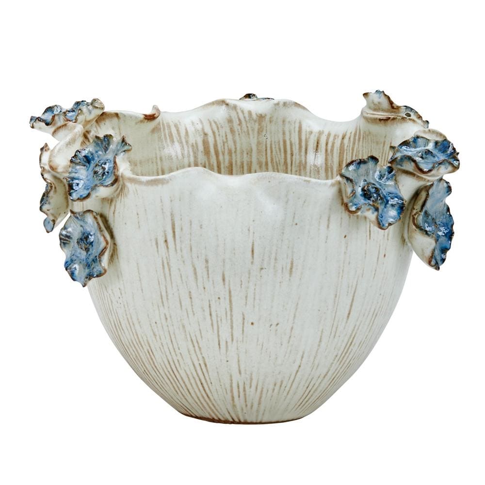 One-Of-A-Kind Blue Lily Flowers Design Ceramic Vase ~ Artisan Thai Pottery ~ 8"Widex10"Deep ~ Beautifully Hand Sculpted ~ Home Decor ~ KV217