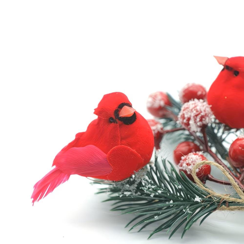 Seasonal Decor ~ 2.3" Artificial Feathered Red Cardinal Birds ~ Set of 4 Clip-On Christmas Tree Ornaments ~ Christmas Decor K133