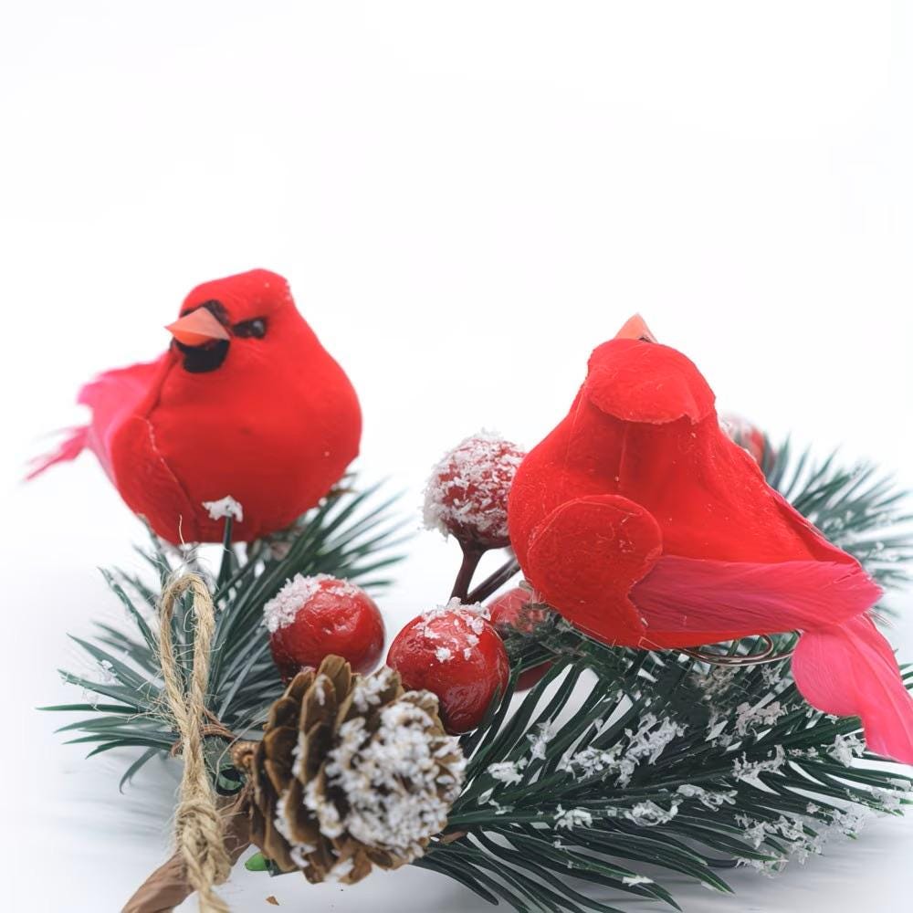 Seasonal Decor ~ 2.3" Artificial Feathered Red Cardinal Birds ~ Set of 4 Clip-On Christmas Tree Ornaments ~ Christmas Decor K133