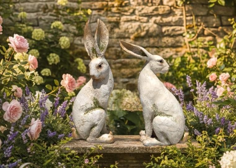 Easter Decor - Pair of 12" Resin Rabbits - Hand Painted ~ Easter Bunny Decorations ~ Free Shipping