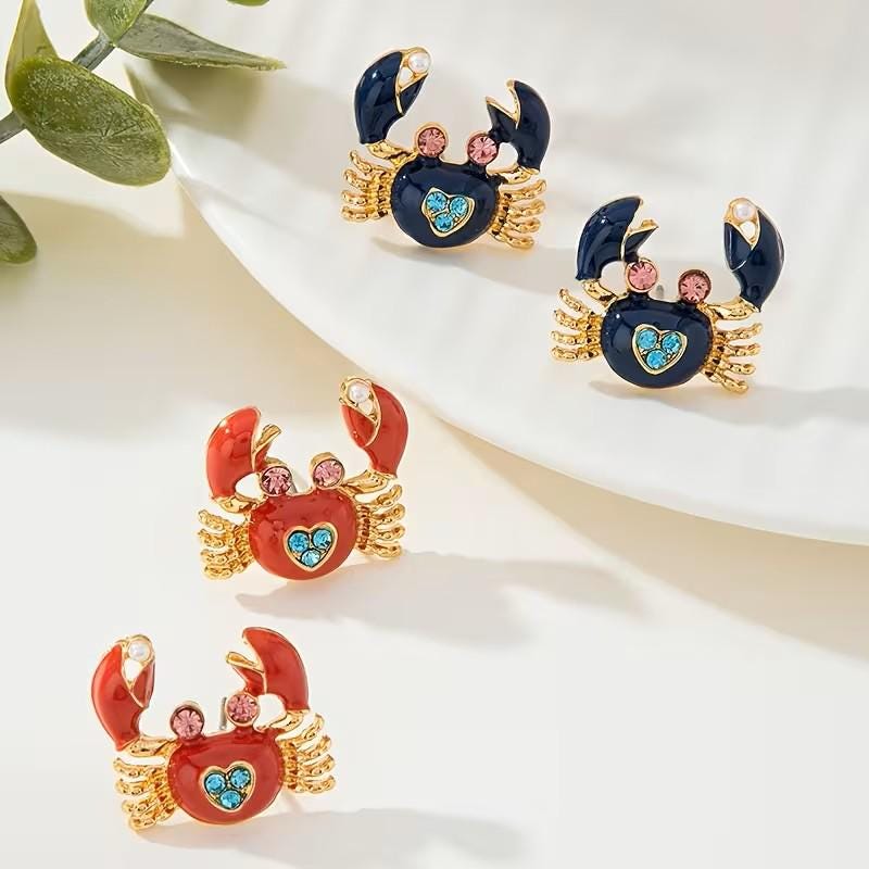 KINGSLAND NEEDLE MINDER ~ Red or Blue Crab Needle Minder, Gold Tone, Needle Dock, Enamel and Rhinestone, Magnet Needle Garage, Needleminder