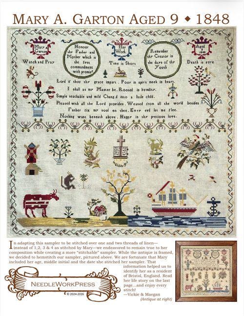 NEEDLEWORK PRESS "Mary A. Garton 1848" Counted Cross Stitch Pattern, Sampler, NeedleWorkPress, Nashville Market 2026, Pattern Only