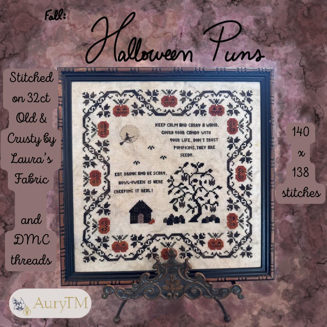 AuryTM "Fall - Halloween Puns" Counted Cross Stitch Pattern, Humorous Verses, Nashville Needlework Market 2026, Pattern Only