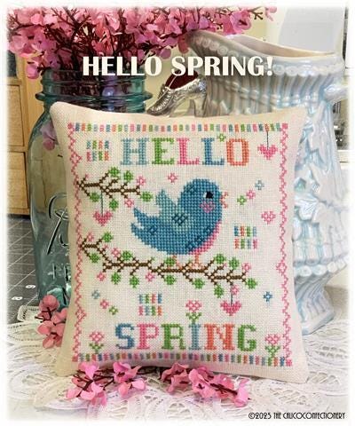 THE CALICO CONFECTIONERY "Hello Spring" Counted Cross Stitch Pattern, Chart, Spring, Bunny, Easter Basket, Pattern Only