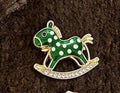 KINGSLAND NEEDLE MINDER ~ Green Rocking Horse Needle Minder, Needle Dock, Crystal, Enamel, Magnet, Needle Garage, Needleminder