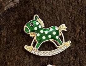 KINGSLAND NEEDLE MINDER ~ Green Rocking Horse Needle Minder, Needle Dock, Crystal, Enamel, Magnet, Needle Garage, Needleminder