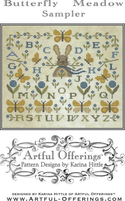 ARTFUL OFFERINGS "Butterfly Meadow Sampler" Counted Cross Stitch Pattern, Chart, Summer, Rabbit, Pattern Only