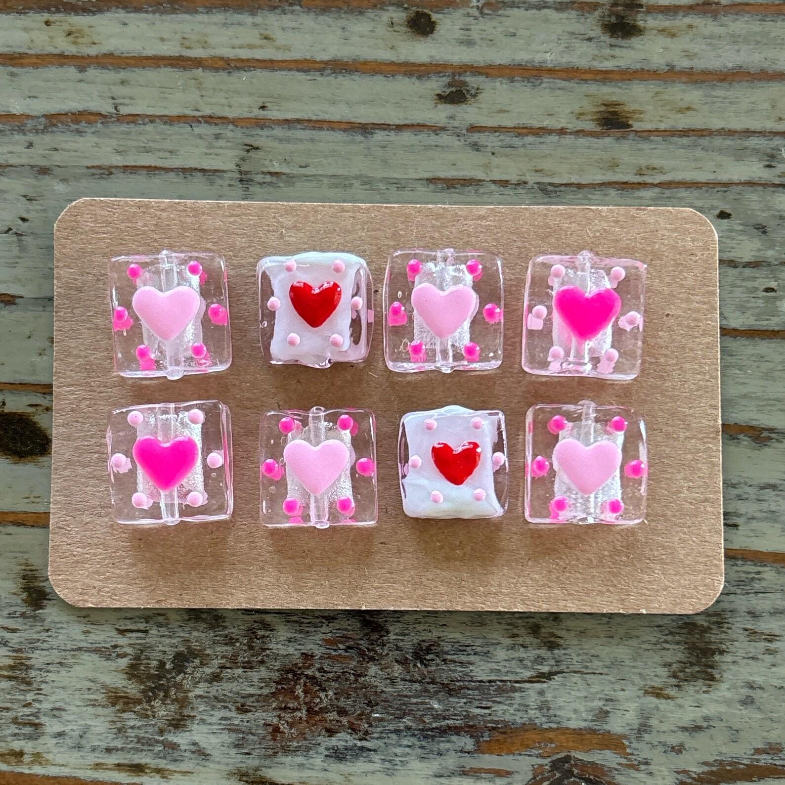 Set of 8 Lampwork Heart Beads, Square Shaped Glass 26mm Pink Heart Design Bead