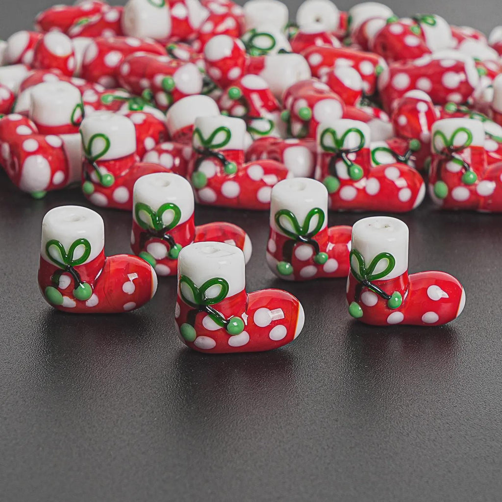 16X19MM Red Christmas Stocking Glass Beads 5 Pcs Christmas Stocking Beads Xmas Beads