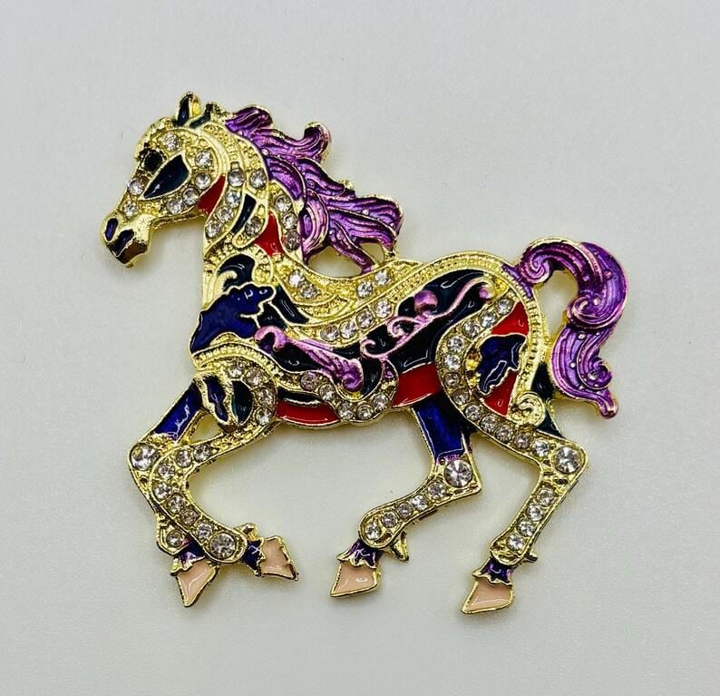 KINGSLAND NEEDLE MINDER ~ Purple Horse Needle Minder, Needle Dock, Crystal, Enamel, Magnet, Needle Garage, Needleminder