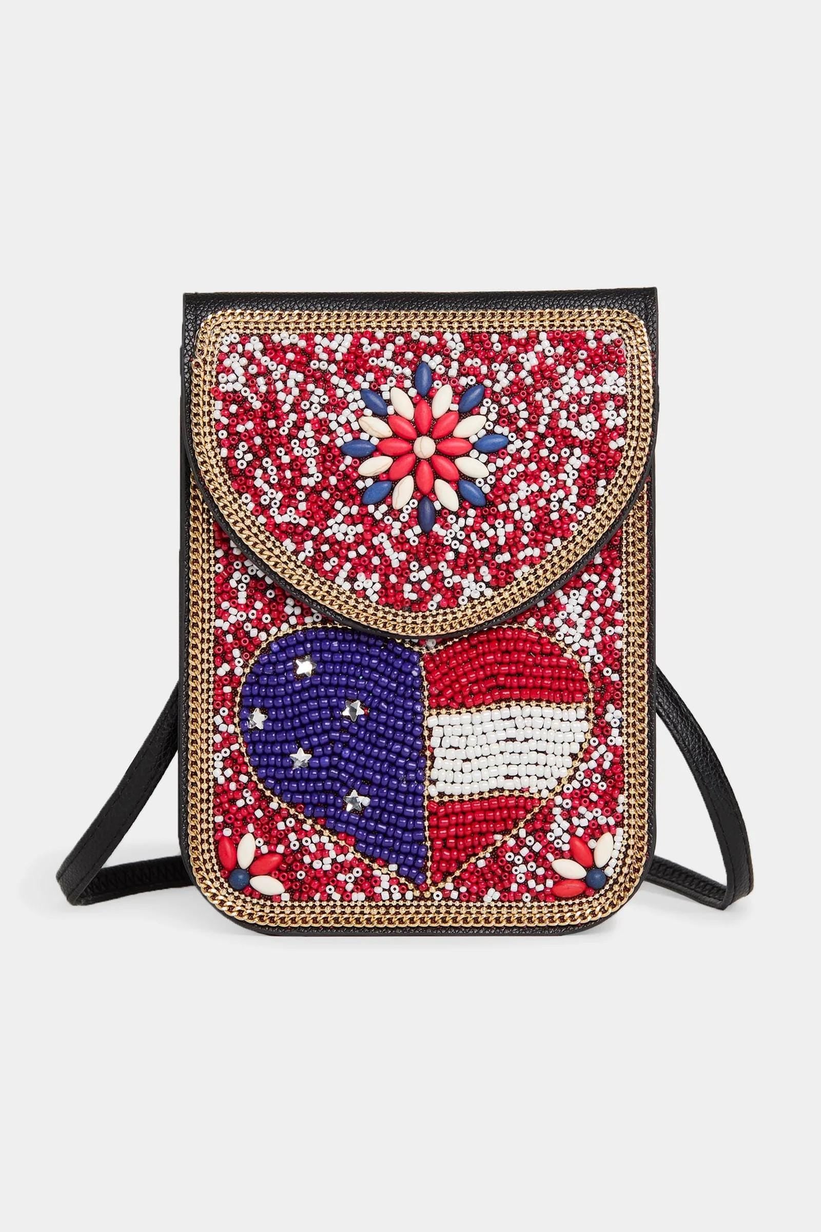 ARTISAN BEADED CROSSBODY (Or Clutch)  Bag  Gorgeous Beading  Celebrate 4th of July  Detachable Strap  Accessory Bag  7"x 5"