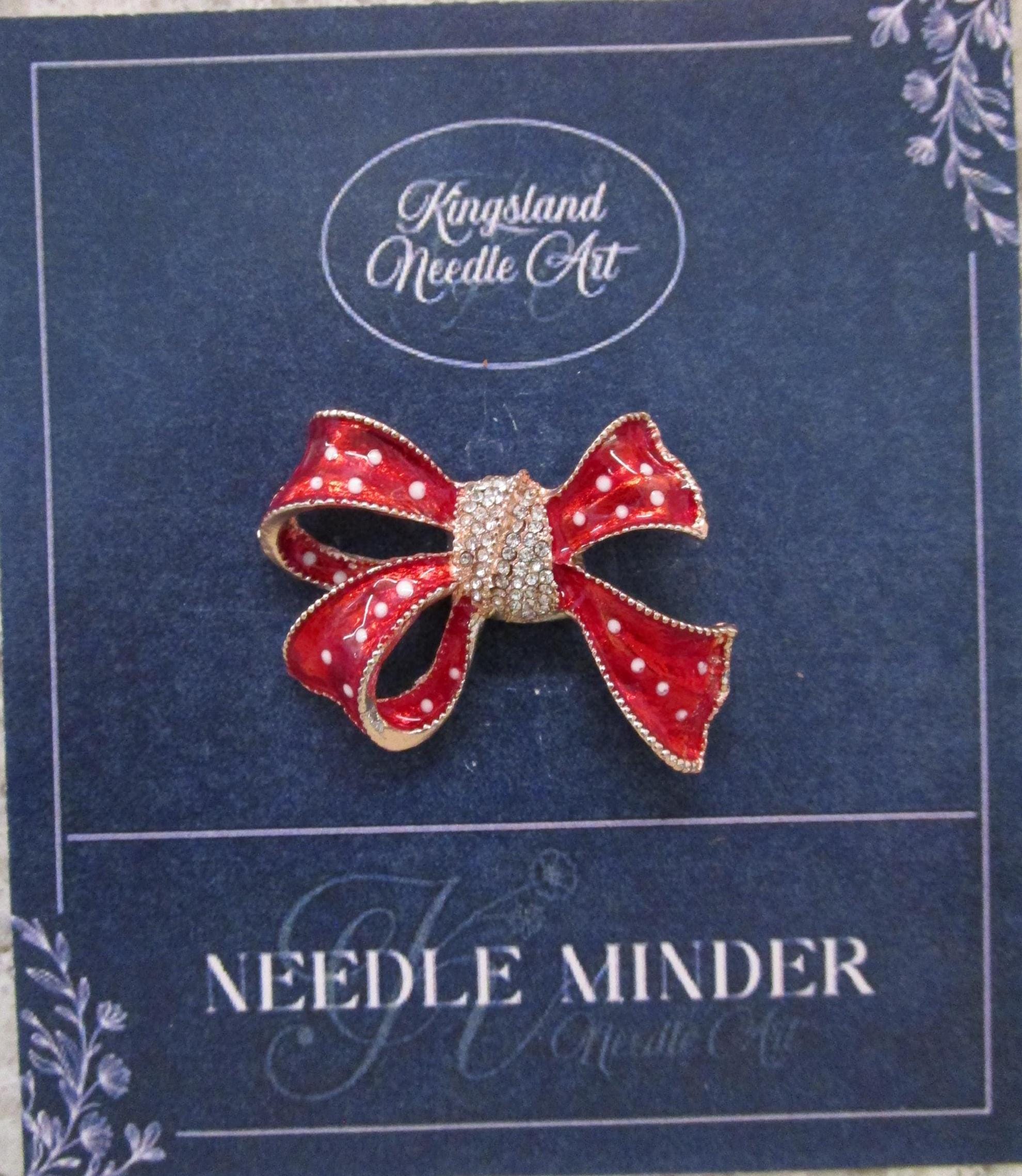 KINGSLAND NEEDLE MINDER ~ Red Bow Needle Minder, Needle Dock, Swarovski Crystal Enamel Magnet, Needle Garage, Needleminder