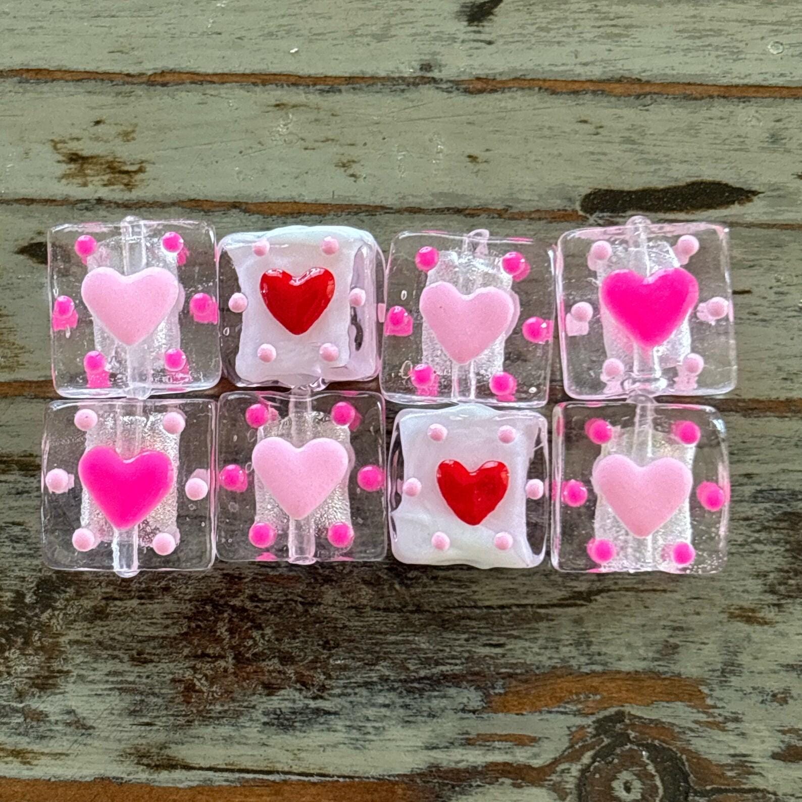 Set of 8 Lampwork Heart Beads, Square Shaped Glass 26mm Pink Heart Design Bead
