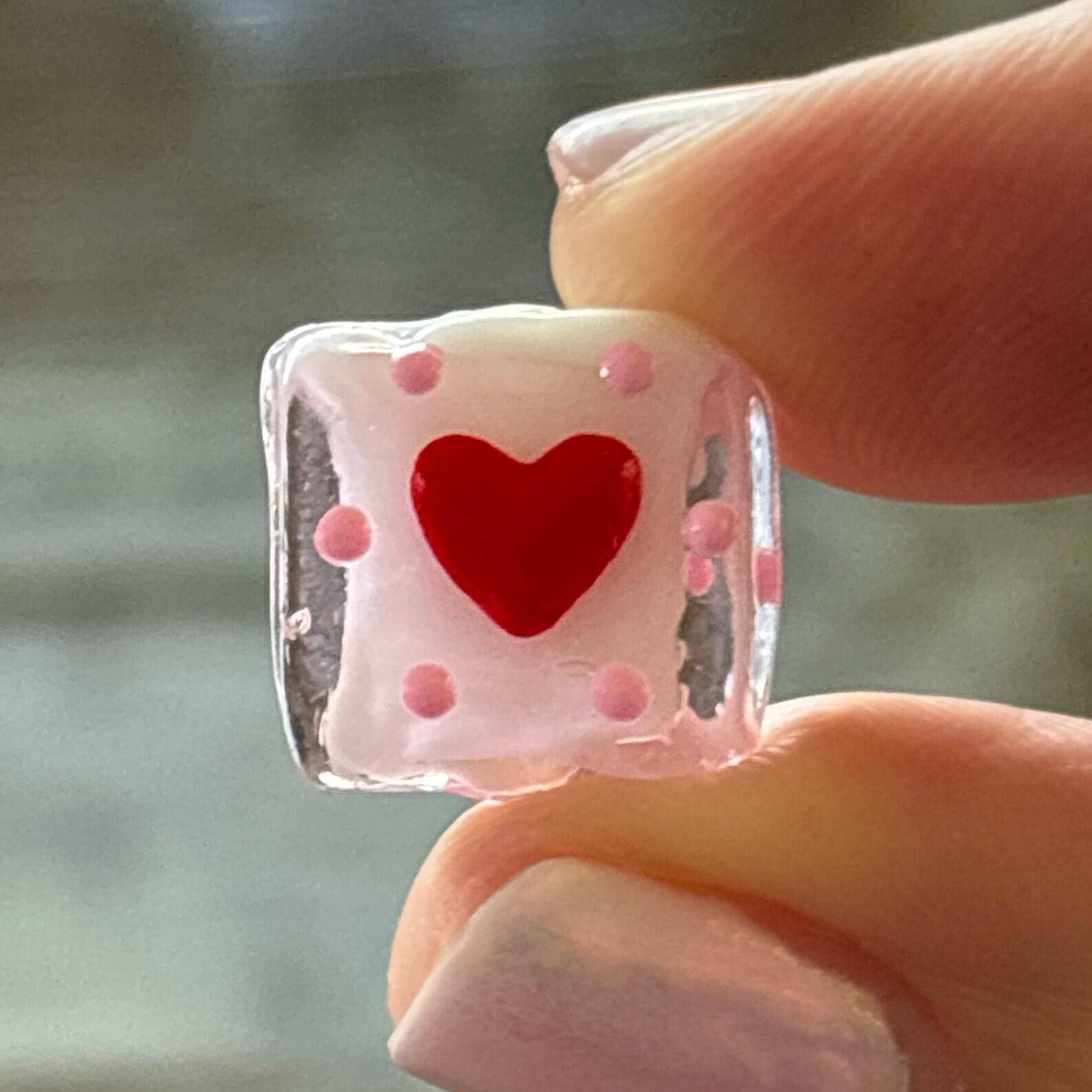 Set of 8 Lampwork Heart Beads, Square Shaped Glass 26mm Pink Heart Design Bead