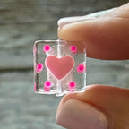 Set of 8 Lampwork Heart Beads, Square Shaped Glass 26mm Pink Heart Design Bead