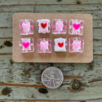 Set of 8 Lampwork Heart Beads, Square Shaped Glass 26mm Pink Heart Design Bead