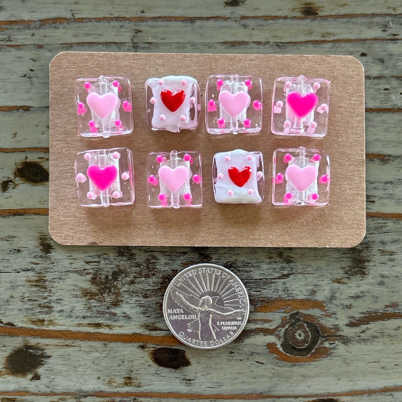 Set of 8 Lampwork Heart Beads, Square Shaped Glass 26mm Pink Heart Design Bead