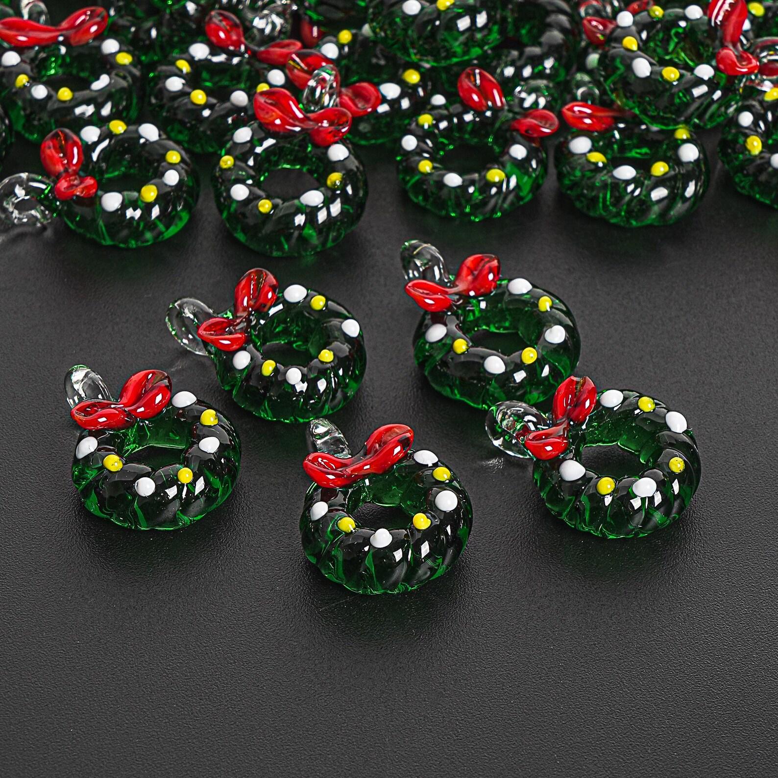 26X19MM Green Christmas Wreath Glass Beads 5 Pcs Christmas Wreath Beads Xmas Beads