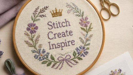 Embroidery hoop with floral design and text 'Stitch Create Inspire' on a table with embroidery supplies.